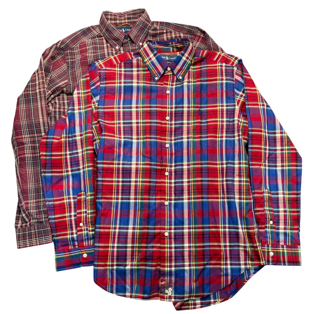 Lot of 2 Ralph Lauren Mens Classic Fit Plaid Button Down Shirts Size M Cotton